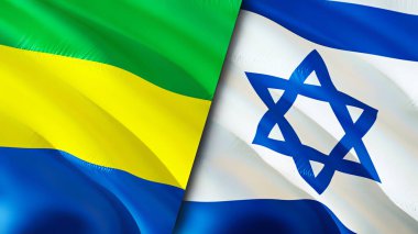 Gabon ve İsrail bayrakları. 3 boyutlu dalgalanan bayrak tasarımı. Gabon İsrail bayrağı, resim, duvar kağıdı. Gabon İsrail 'e karşı, görüntü 3 boyutlu. Gabon İsrail ilişkileri ittifak ve ticaret, seyahat, turizm konsepti
