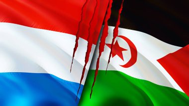 Lüksemburg ve Batı Sahra bayrakları yara izi konseptiyle. Dalgalanan bayrak, 3 boyutlu görüntüleme. Lüksemburg ve Batı Sahra çatışması konsepti. Lüksemburg Batı Sahra ilişkileri kavramı. Lüksemburg bayrağı