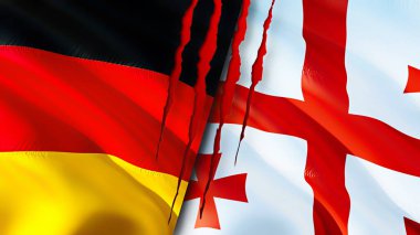 Yara izi olan Almanya ve Gürcistan bayrakları. Dalgalanan bayrak, 3 boyutlu görüntüleme. Almanya ve Gürcistan çatışması. Almanya Gürcistan ilişkileri. Almanya ve Gürcistan bayrağı krizi, savaş, saldırı konsepti