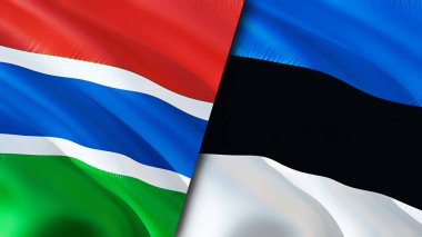 Gambiya ve Estonya bayrakları. 3 boyutlu dalgalanan bayrak tasarımı. Gambia Estonya bayrağı, resim, duvar kağıdı. Gambiya Estonya 'ya karşı, görüntü 3 boyutlu. Gambiya Estonya ilişkileri ittifak ve ticaret, seyahat, turizm konsepti