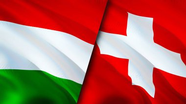 Macaristan ve İsviçre bayrakları. 3 boyutlu dalgalanan bayrak tasarımı. Macaristan bayrağı, resim, duvar kağıdı. Macaristan, İsviçre 'ye karşı, görüntü 3D. Macaristan ve İsviçre ilişkileri