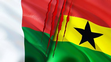 Madagaskar ve Gana bayrakları yara izi konseptiyle. Dalgalanan bayrak, 3 boyutlu görüntüleme. Madagaskar ve Gana çatışma konsepti. Madagaskar Gana ilişkileri kavramı. Madagaskar bayrağı ve Gana krizi, savaş, attac