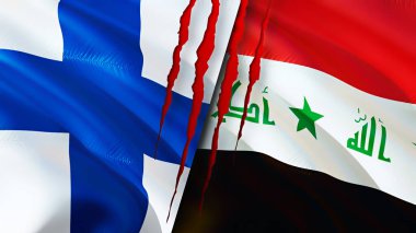 Finlandiya ve Irak bayraklarında yara izi var. Dalgalanan bayrak, 3 boyutlu görüntüleme. Finlandiya ve Irak çatışması kavramı. Finlandiya Irak ilişkileri kavramı. Finlandiya bayrağı ve Irak krizi, savaş, saldırı konsepti