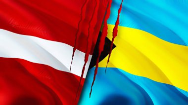 Letonya ve Bahamalar yara izi olan bayraklar. Dalgalanan bayrak, 3 boyutlu görüntüleme. Letonya ve Bahamalar çatışma konsepti. Letonya Bahamalar ilişkileri kavramı. Letonya ve Bahamalar bayrağı kriz, savaş, saldırı konsepti