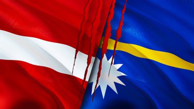 Letonya ve Nauru yara izi olan bayraklar. Dalgalanan bayrak, 3 boyutlu görüntüleme. Letonya ve Nauru çatışma konsepti. Letonya Nauru ilişkileri kavramı. Letonya bayrağı ve Nauru krizi, savaş, saldırı konsepti