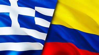 Yunanistan ve Kolombiya bayrakları. 3 boyutlu dalgalanan bayrak tasarımı. Yunanistan Kolombiya bayrağı, resim, duvar kağıdı. Yunanistan, Kolombiya 'ya karşı, görüntü 3 boyutlu. Yunanistan Kolombiya ilişkileri ittifak ve ticaret, seyahat, turizm konsepti