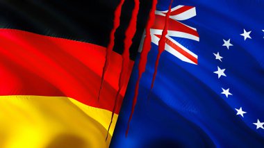 Almanya ve Cook Adaları yara izi olan bayraklar. Dalgalanan bayrak, 3 boyutlu görüntüleme. Almanya ve Cook Adaları çatışma konsepti. Almanya Cook Adaları ilişkileri kavramı. Almanya bayrağı ve Cook Adası
