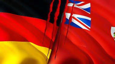 Almanya ve Bermuda bayraklarında yara izi var. Dalgalanan bayrak, 3 boyutlu görüntüleme. Almanya ve Bermuda çatışma konsepti. Almanya Bermuda ilişkileri kavramı. Almanya bayrağı ve Bermuda krizi, savaş, saldırı konsepti
