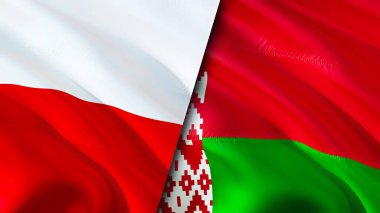 Polonya ve Belarus bayrakları. 3 boyutlu dalgalanan bayrak tasarımı. Polonya Belarus bayrağı, resim, duvar kağıdı. Polonya, Belarus 'a karşı, görüntü 3 boyutlu. Polonya Belarus ilişkileri ittifak ve ticaret, seyahat, turizm konsepti