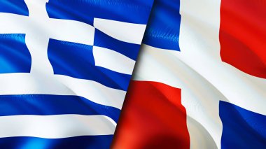 Yunanistan ve Dominik Cumhuriyeti bayrakları. 3 boyutlu dalgalanan bayrak tasarımı. Yunanistan Dominik Cumhuriyeti bayrağı, resim, duvar kağıdı. Yunanistan, Dominik Cumhuriyeti 'ne karşı, görüntü 3D. Yunanistan Dominik Cumhuriyeti ilişkileri