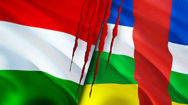Macaristan ve Orta Afrika Cumhuriyeti yara izi kavramına sahip bayraklar. Dalgalanan bayrak, 3 boyutlu görüntüleme. Macaristan ve Orta Afrika Cumhuriyeti çatışma konsepti. Macaristan Orta Afrika Cumhuriyeti ilişkileri kavramı