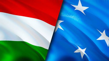 Macaristan ve Mikronezya bayrakları. 3 boyutlu dalgalanan bayrak tasarımı. Macaristan Mikronezya bayrağı, resim, duvar kağıdı. Macaristan Mikronezya 'ya karşı, görüntü 3 boyutlu. Macaristan Mikronezya ilişkileri