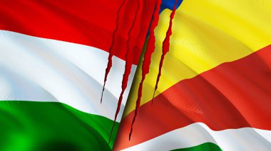 Macaristan ve Seyşeller yara izi olan bayraklar. Dalgalanan bayrak, 3 boyutlu görüntüleme. Macaristan ve Seyşeller çatışma konsepti. Macaristan Seyşeller ilişkileri kavramı. Macaristan ve Seyşeller bayrağı krizi, savaş
