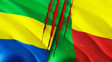 Gabon ve Benin bayraklarında yara izi var. Dalgalanan bayrak, 3 boyutlu görüntüleme. Gabon ve Benin çatışma konsepti. Gabon Benin ilişkileri konsepti. Gabon ve Benin bayrağı kriz, savaş, saldırı konsepti