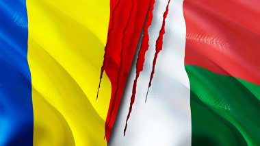 Romanya ve Madagaskar bayrakları. 3 boyutlu dalgalanan bayrak tasarımı. Romanya Madagaskar bayrağı, resim, duvar kağıdı. Romanya Madagaskar 'a karşı, görüntü 3 boyutlu. Romanya Madagaskar ilişkileri bir ittifak
