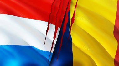 Lüksemburg ve Çad bayrakları yara izi konseptiyle. Dalgalanan bayrak, 3 boyutlu görüntüleme. Lüksemburg ve Çad çatışma konsepti. Lüksemburg Çad ilişkileri kavramı. Lüksemburg ve Çad bayrağı krizi, savaş, saldırı konsepti