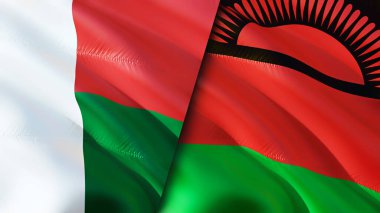 Madagaskar ve Malawi bayrakları. 3 boyutlu dalgalanan bayrak tasarımı. Madagaskar Malawi bayrağı, resim, duvar kağıdı. Madagaskar, Malawi imajına karşı, 3 boyutlu görüntüleme. Madagaskar Malawi ilişkileri ittifak ve ticaret, seyahat, turnuva