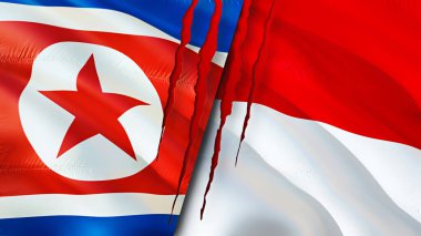 Kuzey Kore ve Monako bayraklarında yara izi var. Dalgalanan bayrak, 3 boyutlu görüntüleme. Kuzey Kore ve Monako çatışma konsepti. Kuzey Kore Monako ilişkileri kavramı. Kuzey Kore bayrağı ve Monako krizi, savaş