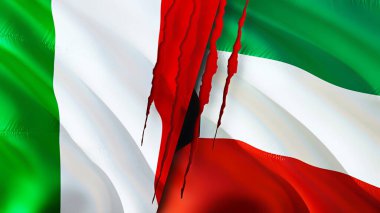 İtalya ve Kuveyt bayraklarında yara izi var. Dalgalanan bayrak, 3 boyutlu görüntüleme. İtalya ve Kuveyt çatışma konsepti. İtalya Kuveyt ilişkileri kavramı. İtalya bayrağı ve Kuveyt krizi, savaş, saldırı konsepti