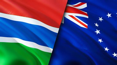 Gambiya ve Cook Adaları bayrakları. 3 boyutlu dalgalanan bayrak tasarımı. Gambia Cook Adaları bayrağı, resim, duvar kağıdı. Gambiya, Cook Adaları 'na karşı. Görüntü 3 boyutlu. Gambiya Cook Adaları İlişkiler Birliği