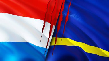 Lüksemburg ve Curacao bayrakları yara izi konseptiyle. Dalgalanan bayrak, 3 boyutlu görüntüleme. Lüksemburg ve Curacao çatışma konsepti. Lüksemburg Curacao ilişkileri kavramı. Lüksemburg bayrağı ve Curacao krizi, savaş