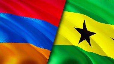 Ermenistan, Sao Tome ve Principe bayrakları. 3 boyutlu dalgalanan bayrak tasarımı. Ermenistan Sao Tome ve Principe bayrağı, resim, duvar kağıdı. Ermenistan, Sao Tome 'a karşı ve Principe imajı, 3 boyutlu canlandırma. Ermenistan Sao Tome