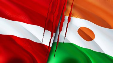 Yara izi olan Letonya ve Nijer bayrakları. Dalgalanan bayrak, 3 boyutlu görüntüleme. Letonya ve Nijer çatışması konsepti. Letonya Nijer İlişkileri. Letonya ve Nijer bayrağı krizi, savaş, saldırı konsepti