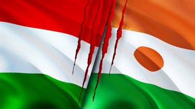 Yara izi olan Macaristan ve Nijer bayrakları. Dalgalanan bayrak, 3 boyutlu görüntüleme. Macaristan ve Nijer çatışma konsepti. Macaristan Nijer İlişkileri. Macaristan ve Nijer bayrağı krizi, savaş, saldırı konsepti