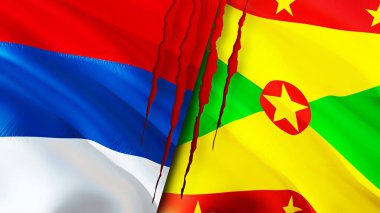 Sırbistan ve Grenada yara izi kavramına sahip bayraklar taşıyor. Dalgalanan bayrak, 3 boyutlu görüntüleme. Sırbistan ve Grenada ihtilaf kavramı. Sırbistan Grenada ilişkileri kavramı. Sırbistan bayrağı ve Grenada krizi, savaş, saldırı konsepti