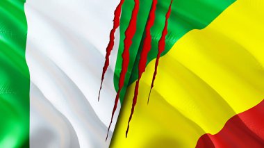 Yara izi olan Nijerya ve Kongo bayrakları. Dalgalanan bayrak, 3 boyutlu görüntüleme. Nijerya ve Kongo çatışma konsepti. Nijerya Kongo ilişkileri kavramı. Nijerya ve Kongo bayrağı krizi, savaş, saldırı konsepti
