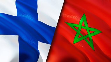 Finlandiya ve Fas bayrakları. 3 boyutlu dalgalanan bayrak tasarımı. Finlandiya Fas bayrağı, resim, duvar kağıdı. Finlandiya, Fas 'a karşı imaj, 3D görüntüleme. Finlandiya ilişkileri ittifak ve ticaret, seyahat, turizm danışmanlığı