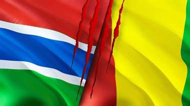 Gambiya ve Gine bayrakları ve yara izi konsepti. Dalgalanan bayrak, 3 boyutlu görüntüleme. Gambiya ve Gine çatışması konsepti. Gambiya Gine ilişkileri kavramı. Gambiya ve Gine bayrağı krizi, savaş, saldırı konsepti