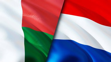 Madagaskar ve Hollanda bayrakları. 3 boyutlu dalgalanan bayrak tasarımı. Madagaskar Hollanda bayrağı, resim, duvar kağıdı. Madagaskar Hollanda 'ya karşı, görüntü 3D. Madagaskar Hollanda ilişkiler ittifakı
