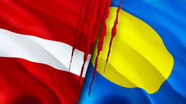 Letonya ve Palau bayrakları yara izi konseptiyle. Dalgalanan bayrak, 3 boyutlu görüntüleme. Letonya ve Palau çatışma konsepti. Letonya Palau ilişkileri kavramı. Letonya bayrağı ve Palau krizi, savaş, saldırı konsepti