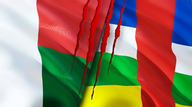Madagaskar ve Orta Afrika Cumhuriyeti yara izi kavramına sahip bayraklar. Dalgalanan bayrak, 3 boyutlu görüntüleme. Madagaskar ve Orta Afrika Cumhuriyeti çatışma konsepti. Madagaskar Orta Afrika Cumhuriyeti ilişkileri