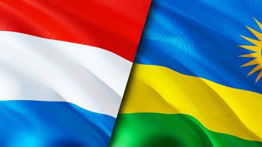 Lüksemburg ve Ruanda bayrakları. 3 boyutlu dalgalanan bayrak tasarımı. Lüksemburg Ruanda bayrağı, resim, duvar kağıdı. Lüksemburg, Ruanda 'ya karşı 3 boyutlu görüntü. Lüksemburg Rwanda ilişkileri ittifak ve ticaret, seyahat, turnuva