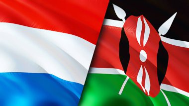 Lüksemburg ve Kenya bayrakları. 3 boyutlu dalgalanan bayrak tasarımı. Lüksemburg Kenya bayrağı, resim, duvar kağıdı. Lüksemburg, Kenya imajına karşı, 3D görüntüleme. Lüksemburg Kenya ilişkileri ittifak ve ticaret, seyahat, turnuva