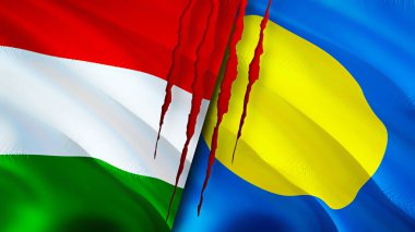 Macaristan ve Palau bayrakları ve yara izi konsepti. Dalgalanan bayrak, 3 boyutlu görüntüleme. Macaristan ve Palau çatışma konsepti. Macaristan Palau ilişkileri kavramı. Macaristan bayrağı ve Palau krizi, savaş, saldırı konsepti