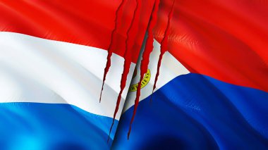 Lüksemburg ve yara izi olan Sint Maarten bayrakları. Dalgalanan bayrak, 3 boyutlu görüntüleme. Lüksemburg ve Sint Maarten çatışma konsepti. Lüksemburg Sint Maarten ilişkileri kavramı. Lüksemburg ve Günah bayrağı