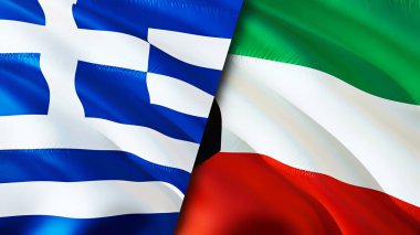 Yunanistan ve Kuveyt bayrakları. 3 boyutlu dalgalanan bayrak tasarımı. Yunanistan Kuveyt bayrağı, resim, duvar kağıdı. Yunanistan Kuveyt 'e karşı, görüntü 3D. Yunanistan Kuveyt ilişkileri ittifak ve ticaret, seyahat ve turizm konsepti