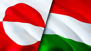 Grönland ve Macaristan bayrakları. 3 boyutlu dalgalanan bayrak tasarımı. Grönland Macaristan bayrağı, resim, duvar kağıdı. Grönland Macaristan 'a karşı, görüntü 3D. Grönland Macaristan ilişkileri ittifak ve ticaret, seyahat, turnuva