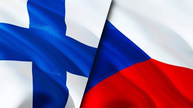 Finlandiya ve Çek bayrakları. 3 boyutlu dalgalanan bayrak tasarımı. Finlandiya Çek bayrağı, resim, duvar kağıdı. Finlandiya, Çek imajına karşı, 3D görüntüleme. Finlandiya Çek İlişkileri ittifakı ve Ticaret, seyahat, turizm danışmanlığı