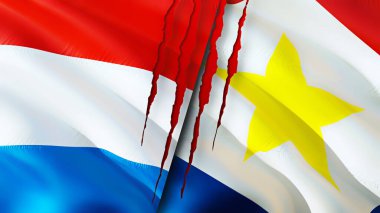 Lüksemburg ve Saba Adası bayrakları yara izi konseptiyle. Dalgalanan bayrak, 3 boyutlu görüntüleme. Lüksemburg ve Saba Adası çatışma konsepti. Lüksemburg Saba Adası ilişkileri kavramı. Lüksemburg ve Sab bayrağı