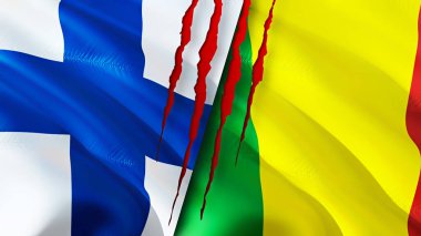 Finlandiya ve Mali yara izi kavramına sahip bayraklar. Dalgalanan bayrak, 3 boyutlu görüntüleme. Finlandiya ve Mali çatışma konsepti. Finlandiya Mali ilişkileri kavramı. Finlandiya bayrağı ve Mali krizi, savaş, saldırı konsepti