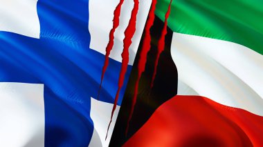 Finlandiya ve Kuveyt bayraklarında yara izi var. Dalgalanan bayrak, 3 boyutlu görüntüleme. Finlandiya ve Kuveyt çatışma konsepti. Finlandiya Kuveyt ilişkileri kavramı. Finlandiya bayrağı ve Kuveyt krizi, savaş, saldırı konsepti