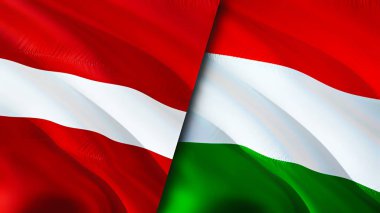 Letonya ve Macaristan bayrakları. 3 boyutlu dalgalanan bayrak tasarımı. Letonya Macaristan bayrağı, resim, duvar kağıdı. Letonya, Macaristan 'a karşı, görüntü 3 boyutlu. Letonya Macaristan ilişkileri ittifak ve ticaret, seyahat, turizm konsepti