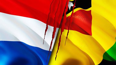 Hollanda ve Nevis Adası bayrakları yara izi konseptiyle. Dalgalanan bayrak, 3 boyutlu görüntüleme. Hollanda ve Nevis Adası çatışma konsepti. Hollanda Nevis Adası ilişkileri kavramı. Hollanda bayrağı