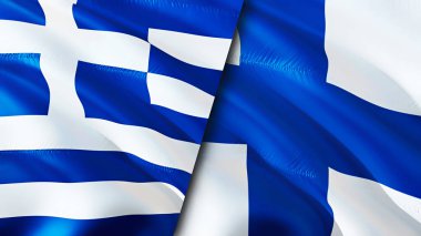 Yunanistan ve Finlandiya bayrakları. 3 boyutlu dalgalanan bayrak tasarımı. Yunanistan Finlandiya bayrağı, resim, duvar kağıdı. Yunanistan, Finlandiya 'ya karşı imaj, 3D görüntüleme. Yunanistan Finlandiya ile ittifak ve ticaret, seyahat ve turizm ilişkileri