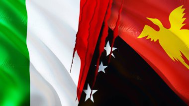 İtalya ve Papua Yeni Gine bayrakları yara izi kavramına sahipler. Dalgalanan bayrak, 3 boyutlu görüntüleme. İtalya ve Papua Yeni Gine çatışma konsepti. İtalya Papua Yeni Gine ilişkileri kavramı. İtalya ve Papua Ne bayrağı