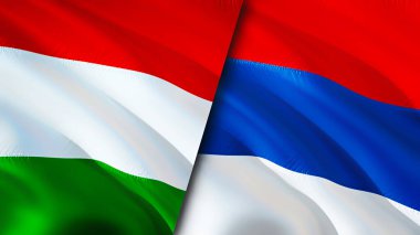 Macaristan ve Sırbistan bayrakları. 3 boyutlu dalgalanan bayrak tasarımı. Macaristan bayrağı, resim, duvar kağıdı. Macaristan Sırbistan 'a karşı imaj, 3D görüntüleme. Macaristan Sırbistan ilişkileri ittifak ve ticaret, seyahat ve turizm consepti